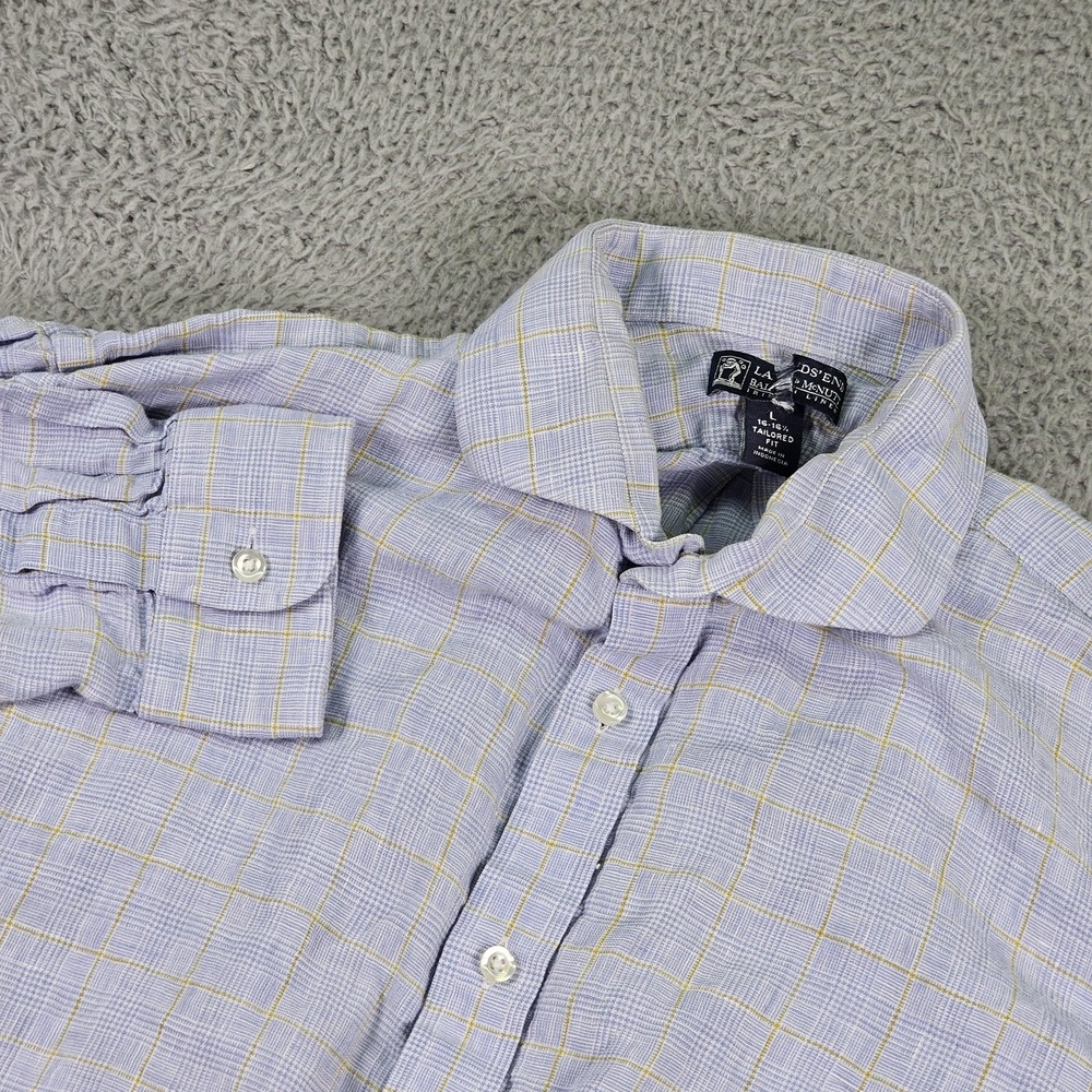 Lands' End Shirt Mens Large Blue Check Linen Long Sleeve Tailored Fit Casual
